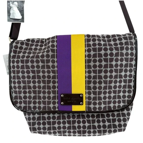 Kate Spade Classic Noel Dot Diaper Bag Large Brown Purple Y2K Stripe Messenger - Picture 3 of 12